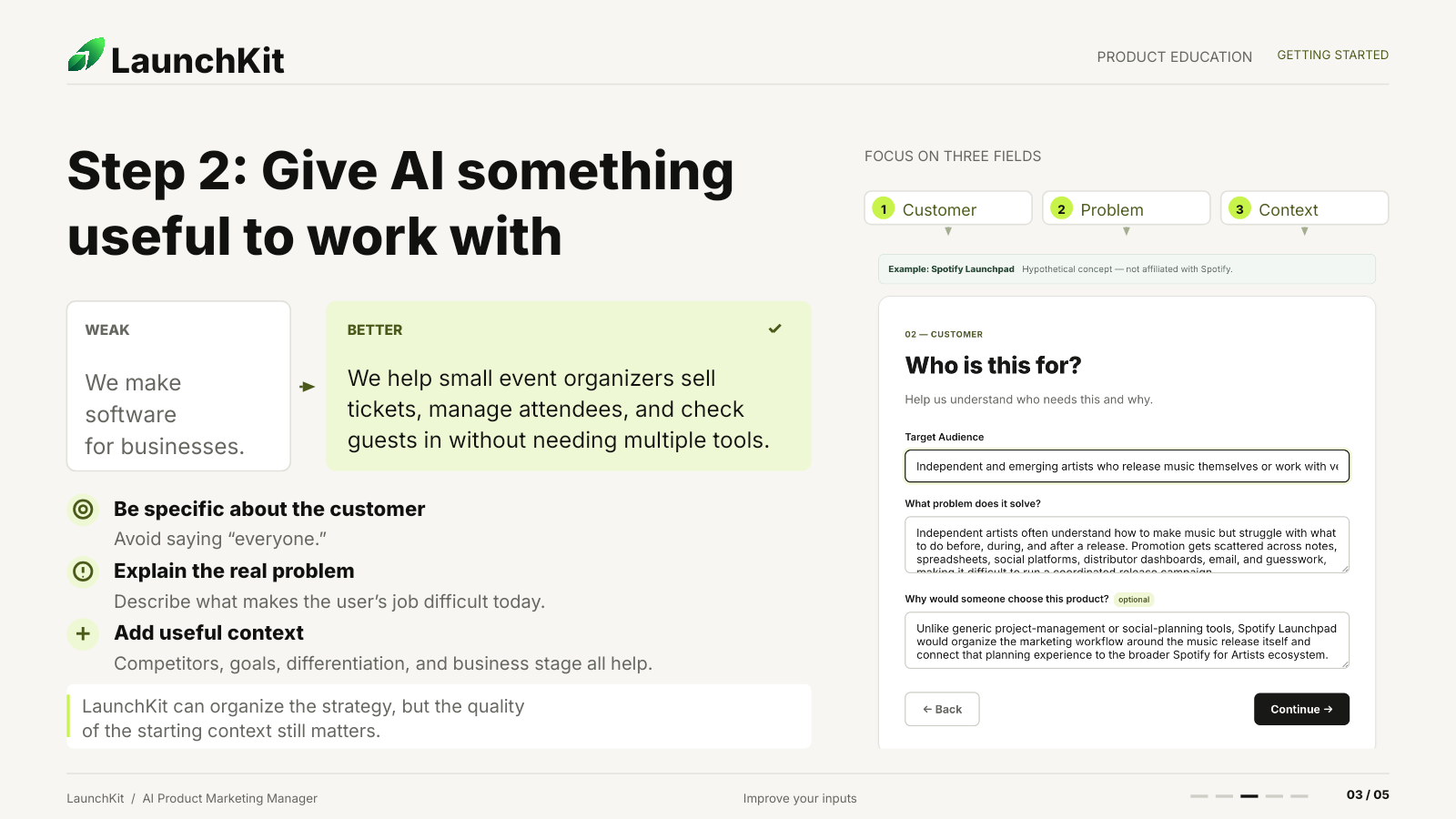 LaunchKit guide slide explaining how to give AI useful context
